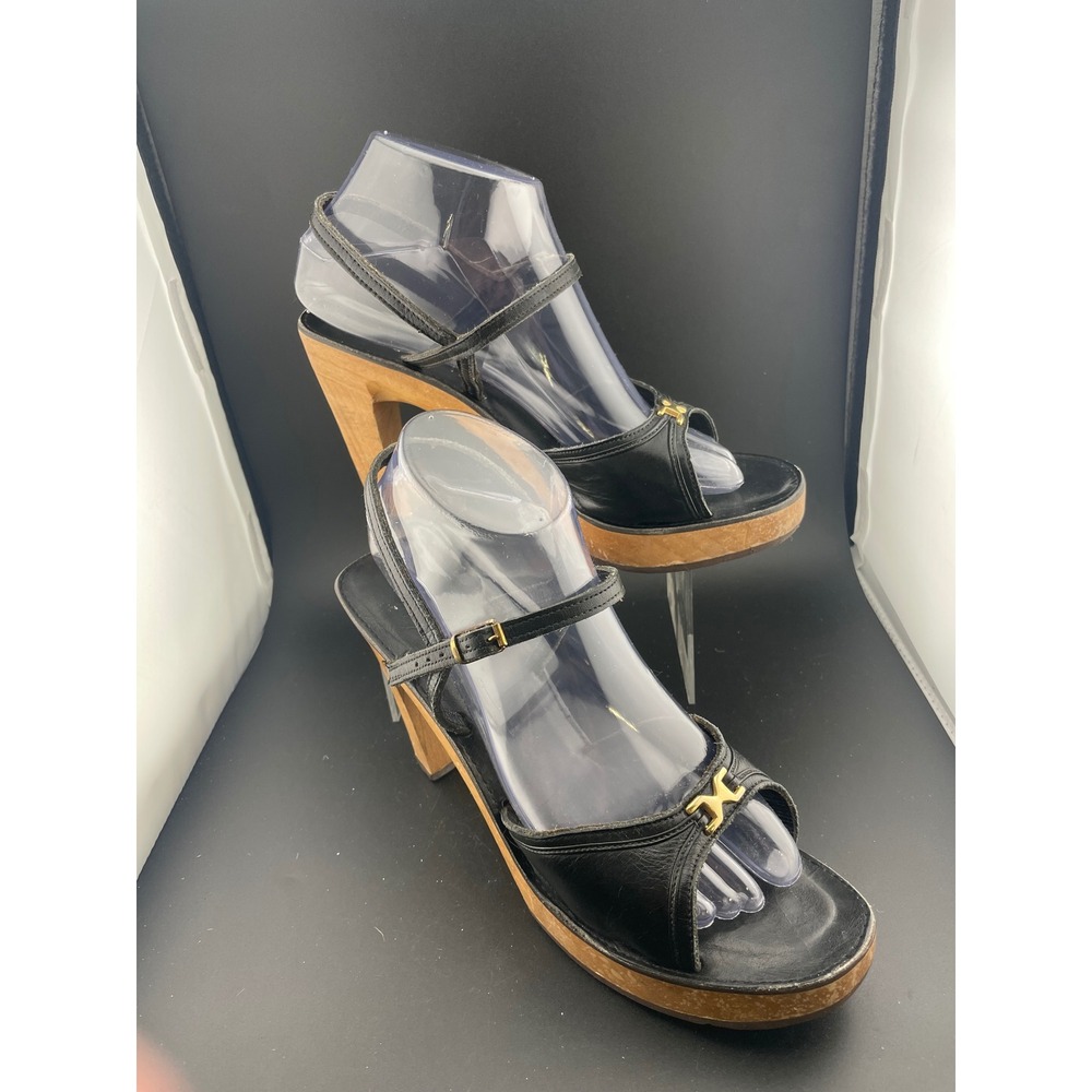 Vintage 90s Y2K Black Leather Platform Sandals Wood Heel Ankle Strap Size 9 gold